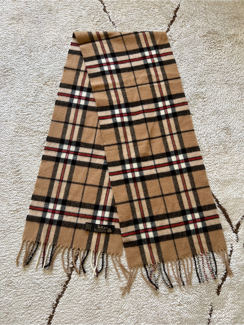 Vintage Tie Rack Scotland 100% Lambswool Scarf Plaid Tan Camel Fringe 61x12 in